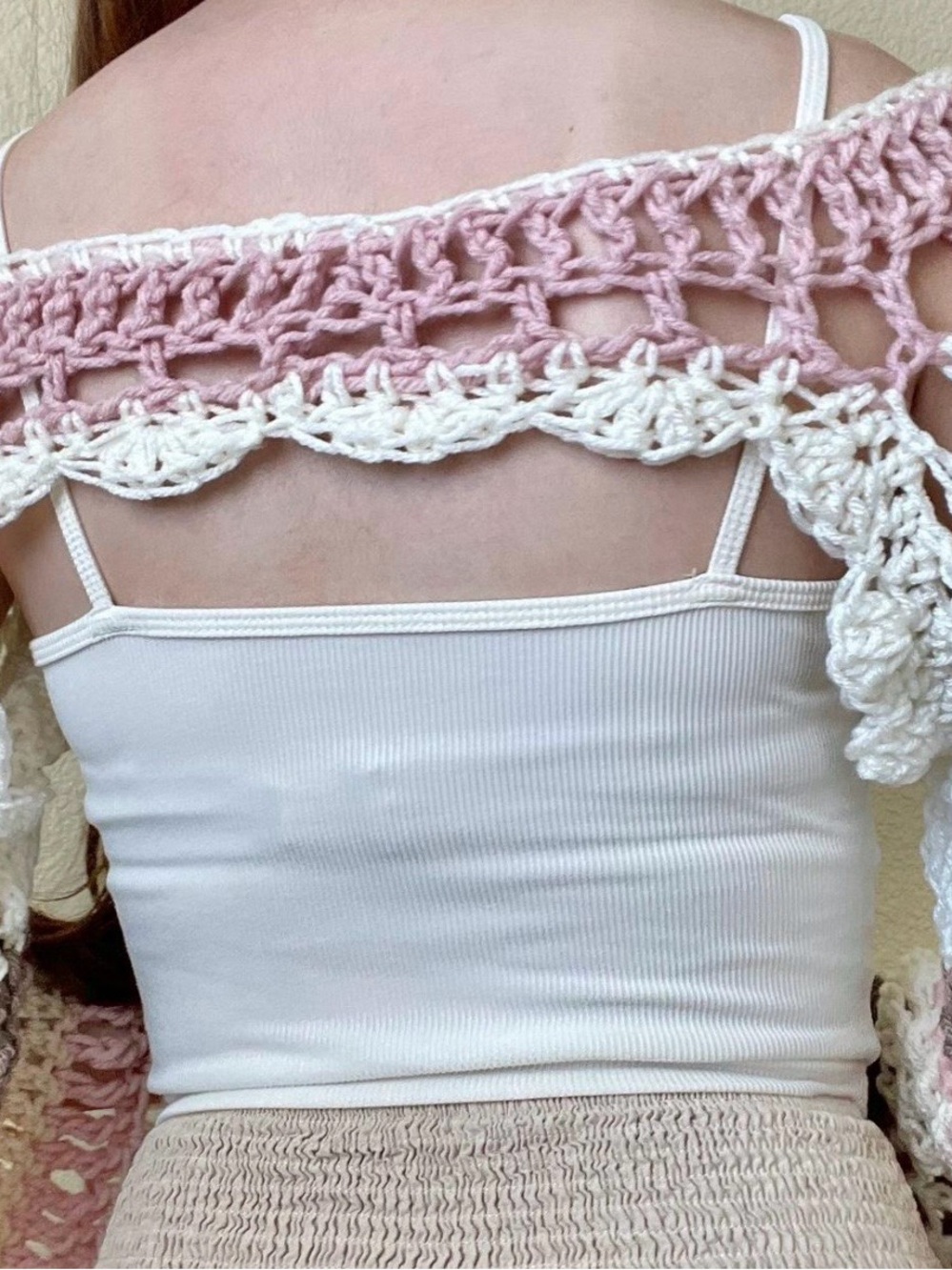 SOLDHandmade crochet balletcore bolero shrug pink brown bow and hearts coquette - Picture 7 of 7